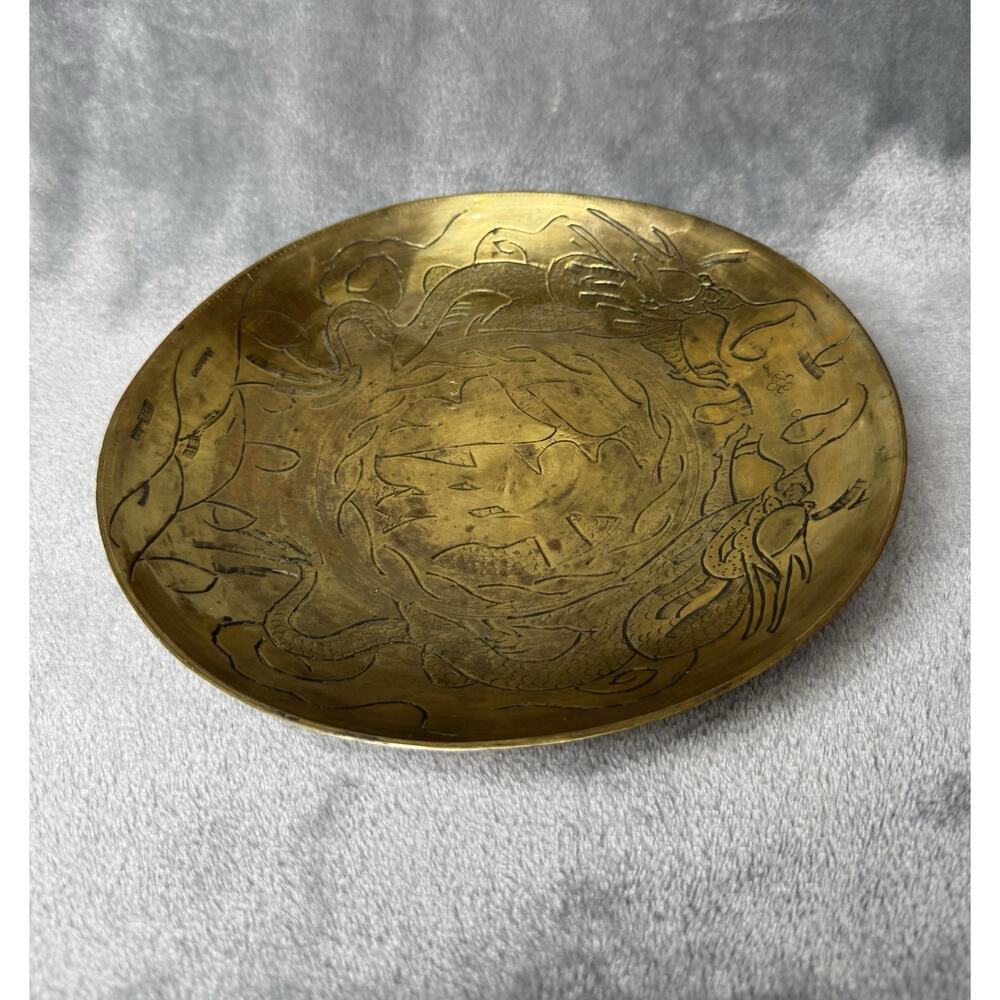 Vintage 1950s Chinese 10" Solid Brass Bowl Hand Engraved with Double Dragons!